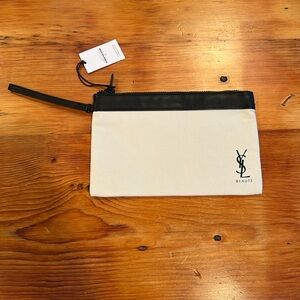 YSL Canvas Beauty Pouch cream black zipper logo makeup bag‎ travel designer new
